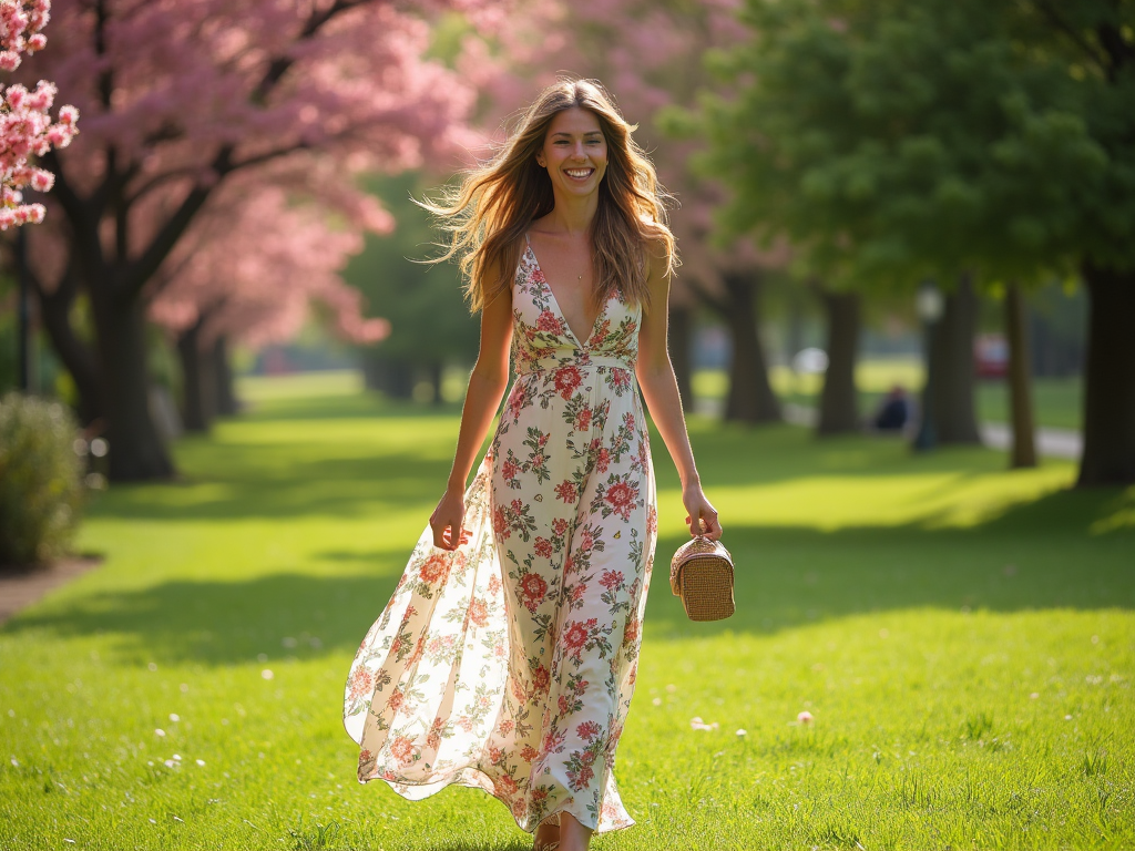 Femeie zâmbitoare mergând în parc, cu o rochie florală, printre copaci înfloriți roz.