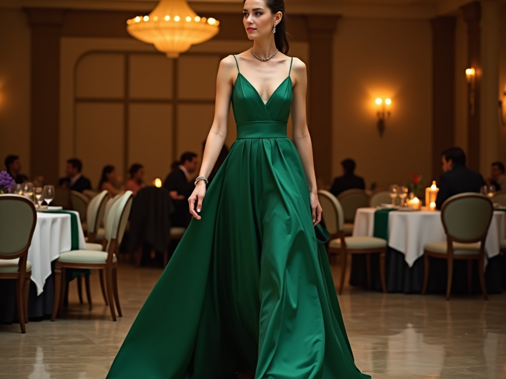 Femeie în rochie verde eleganță, la un eveniment de gală, într-o sală de bal încăpătoare.