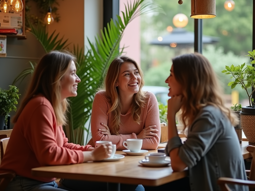 Trei femei râzând și conversând într-o cafenea cozy, cu plante și lumini calde.