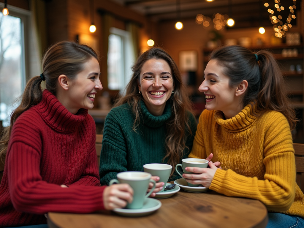 Trei femei zâmbind, vorbind și ținând cești de cafea, într-o cafenea decorată festiv.