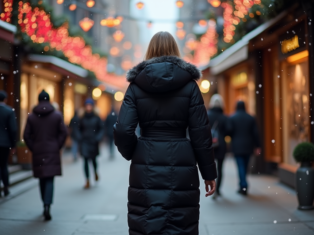 Femeie de spate umblând pe stradă decorată festiv, cu lumini roșii și ninsoare ușoară.