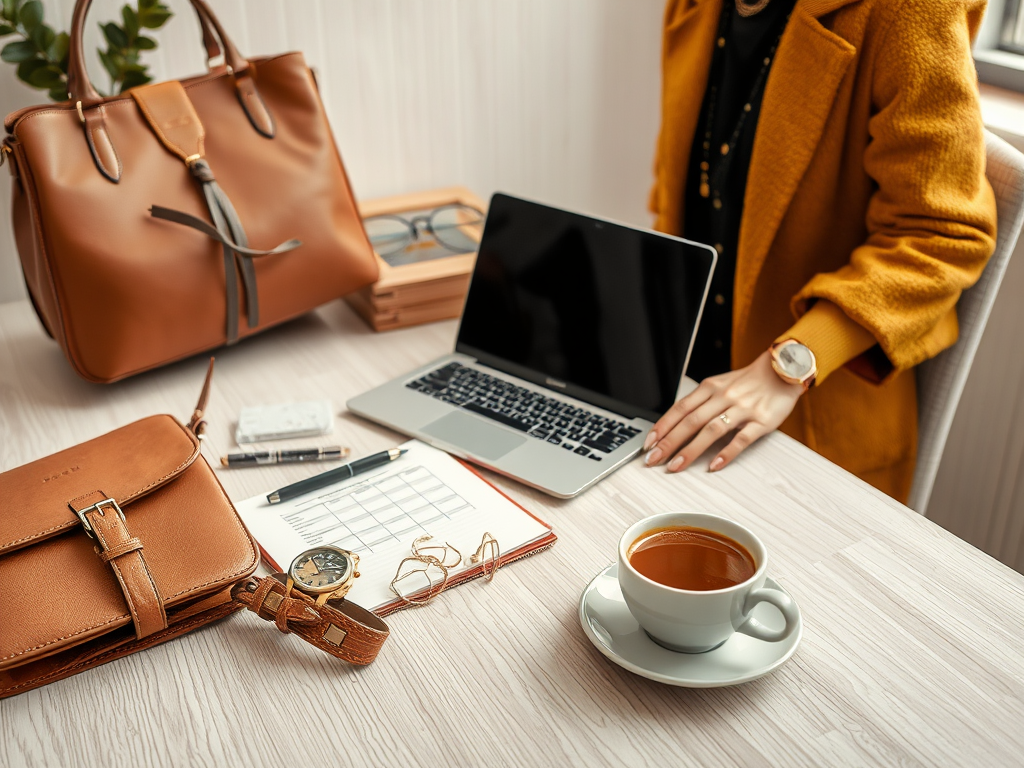 O masă de lucru cu un laptop, genți, cafea și articole de birou. O femeie îmbrăcată elegant lucrează.