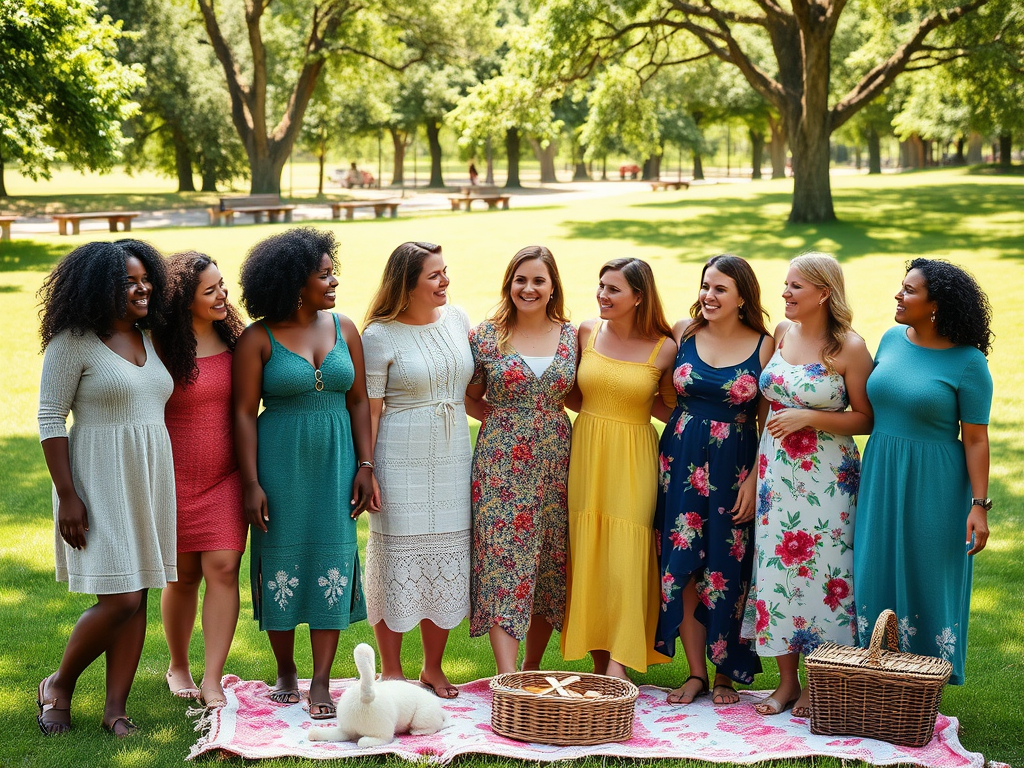 Un grup de femei zâmbind, îmbrăcate în rochii colorate, stând pe iarbă lângă un coș de picnic.