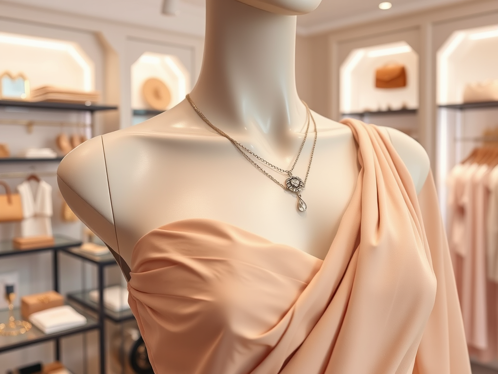 Un manechin îmbrăcat într-o bluză bej elegantă, accessorii cu lanțuri argintii, expus într-un magazin de modă.