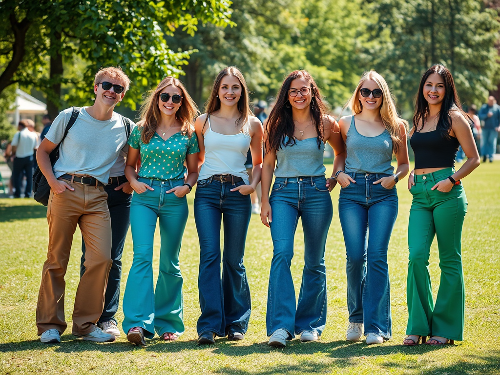 Un grup de șase prieteni zâmbește pe iarbă, purtând pantaloni flare colorați și tricouri casual.